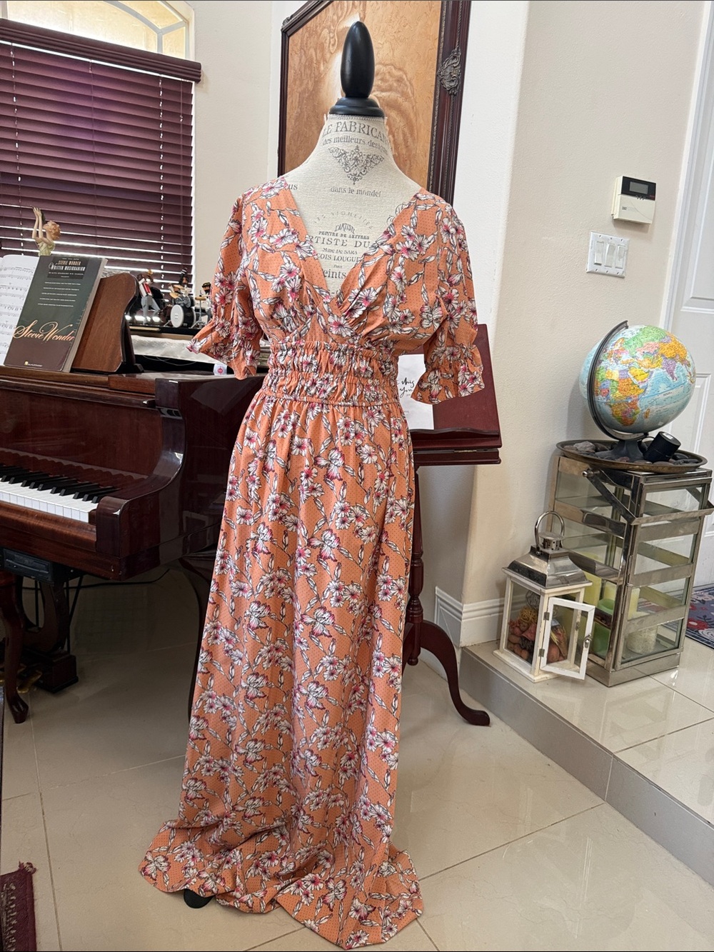 Floral Peach V-Neck Maxi Dress with Shirred Waist